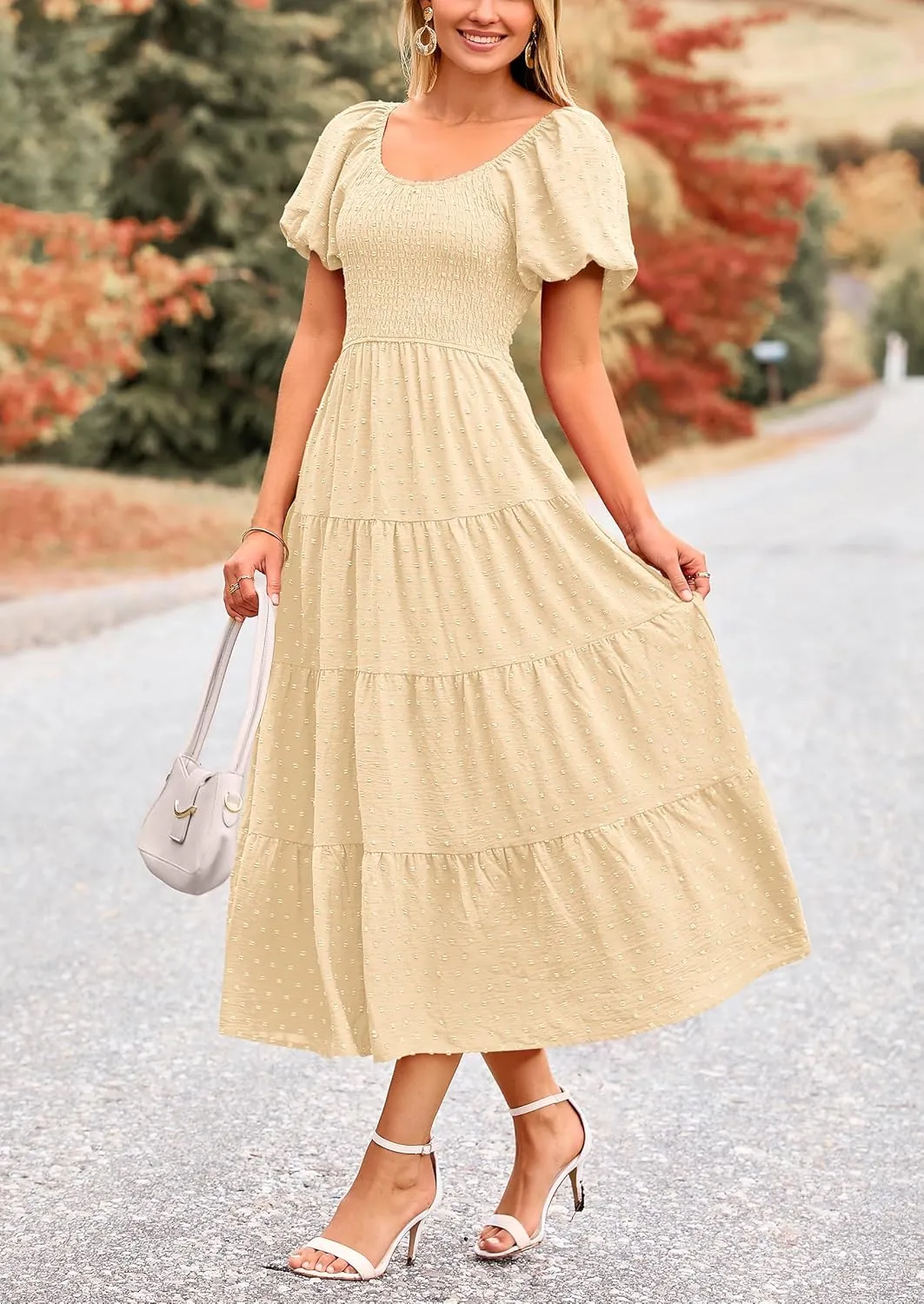 PRETTYGARDEN Women's Summer Casual Midi Dress Puff Sleeve Swiss Dot Long Flowy A Line Dresses