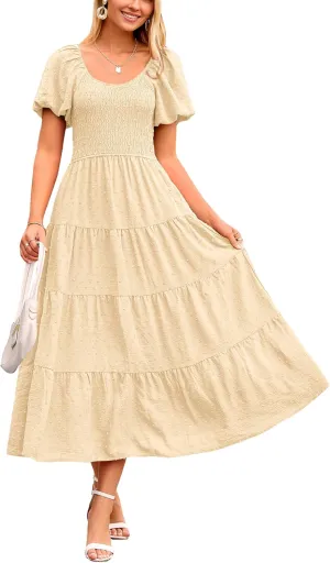 PRETTYGARDEN Women's Summer Casual Midi Dress Puff Sleeve Swiss Dot Long Flowy A Line Dresses