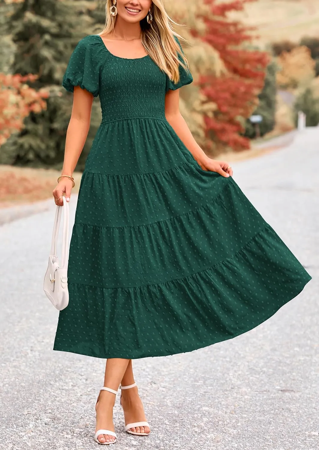 PRETTYGARDEN Women's Summer Casual Midi Dress Puff Sleeve Swiss Dot Long Flowy A Line Dresses