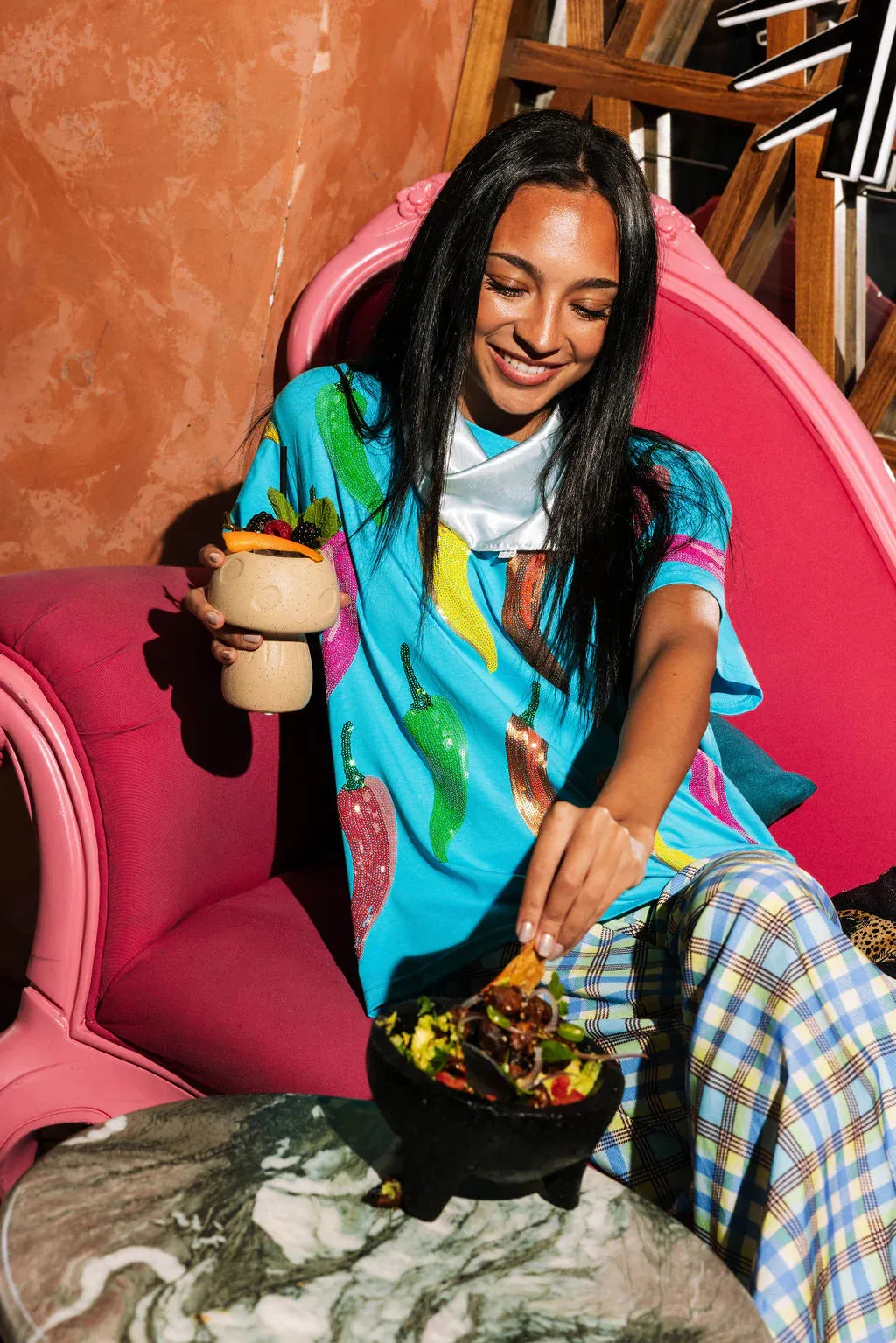 Queen of Sparkles Aqua Multi Chili Pepper Sequin Tee