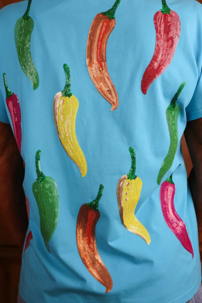 Queen of Sparkles Aqua Multi Chili Pepper Sequin Tee