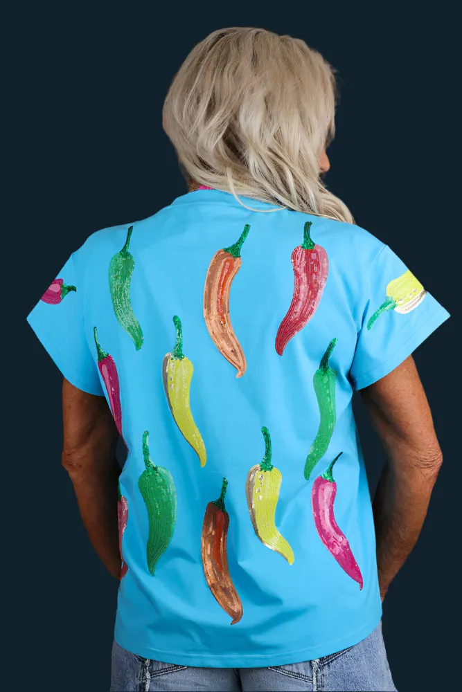 Queen of Sparkles Aqua Multi Chili Pepper Sequin Tee