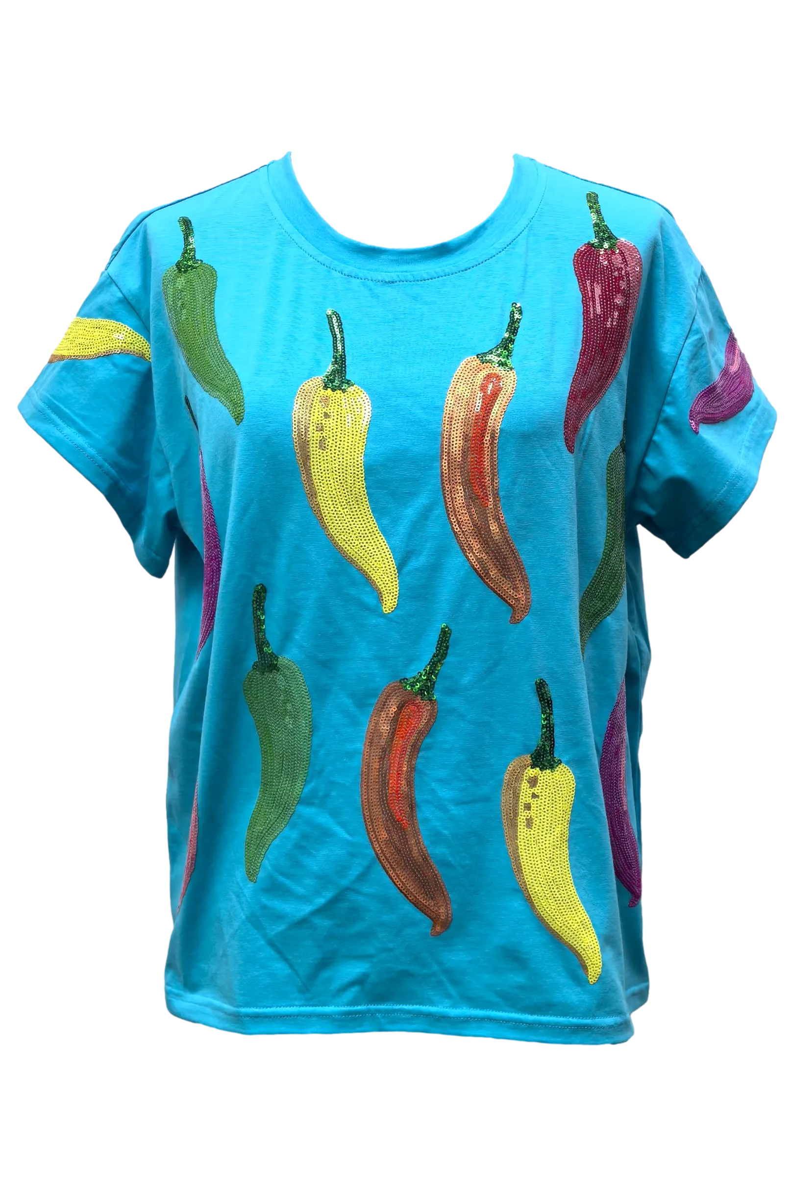 Queen of Sparkles Aqua Multi Chili Pepper Sequin Tee