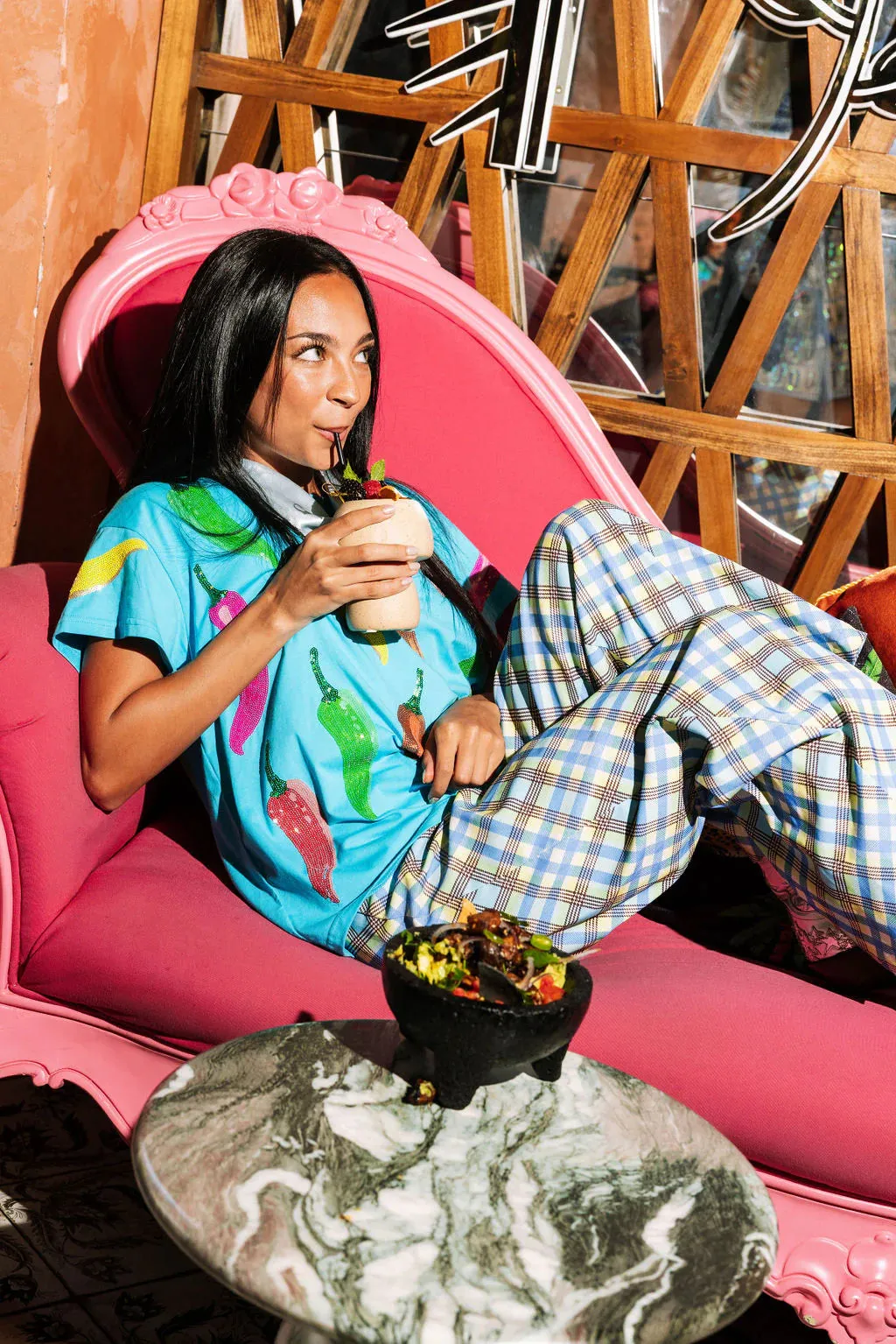 Queen of Sparkles Aqua Multi Chili Pepper Sequin Tee