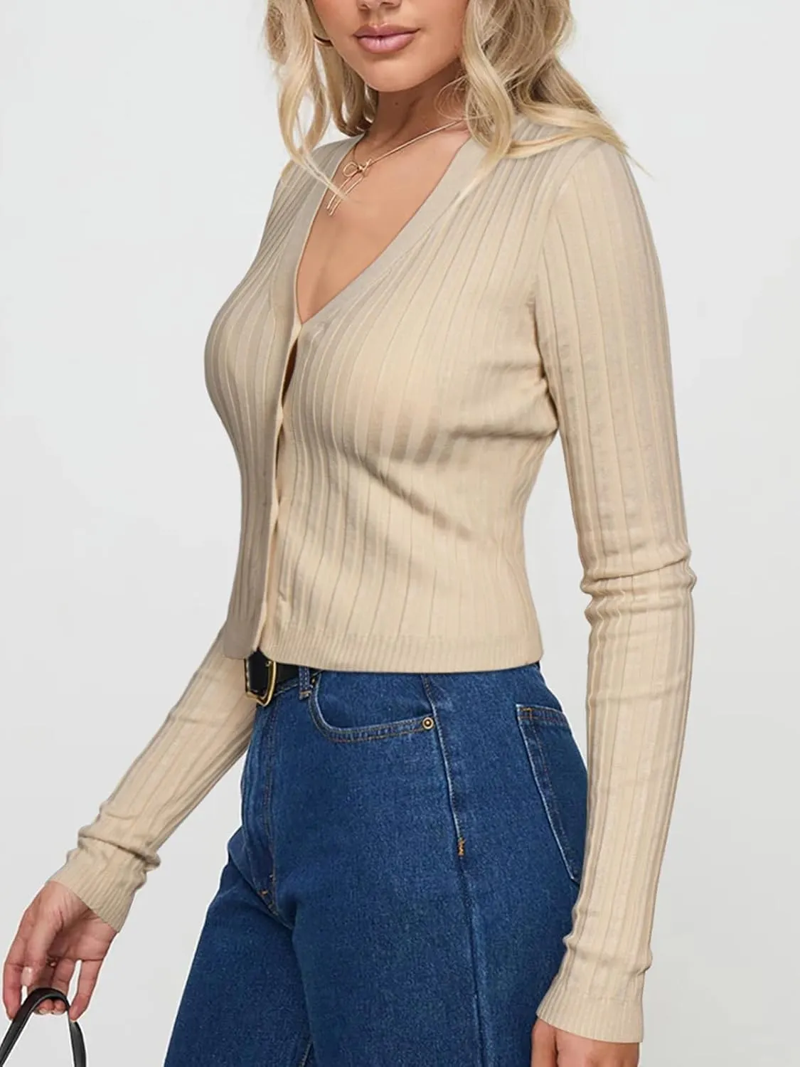 REORIA Women's Trendy V Neck Open Front Lightweight Button Down Knit Cardigan Long Sleeve Cropped Sweaters Fall Outfits