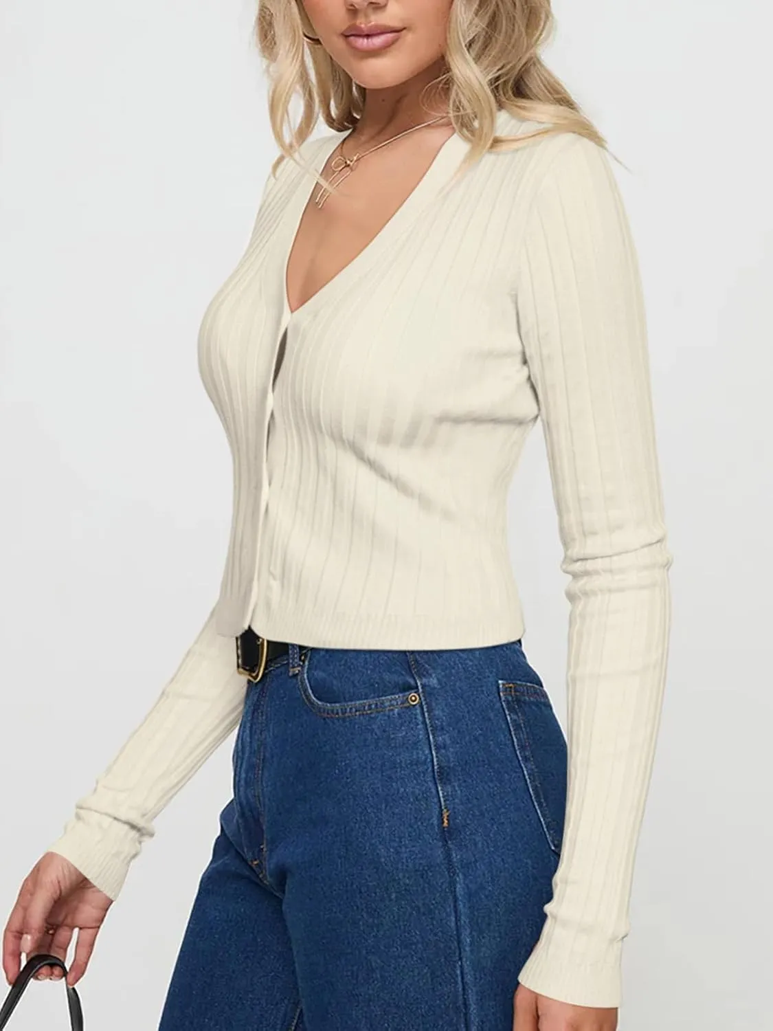 REORIA Women's Trendy V Neck Open Front Lightweight Button Down Knit Cardigan Long Sleeve Cropped Sweaters Fall Outfits