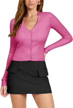 REORIA Women's Trendy V Neck Open Front Lightweight Button Down Knit Cardigan Long Sleeve Cropped Sweaters Fall Outfits