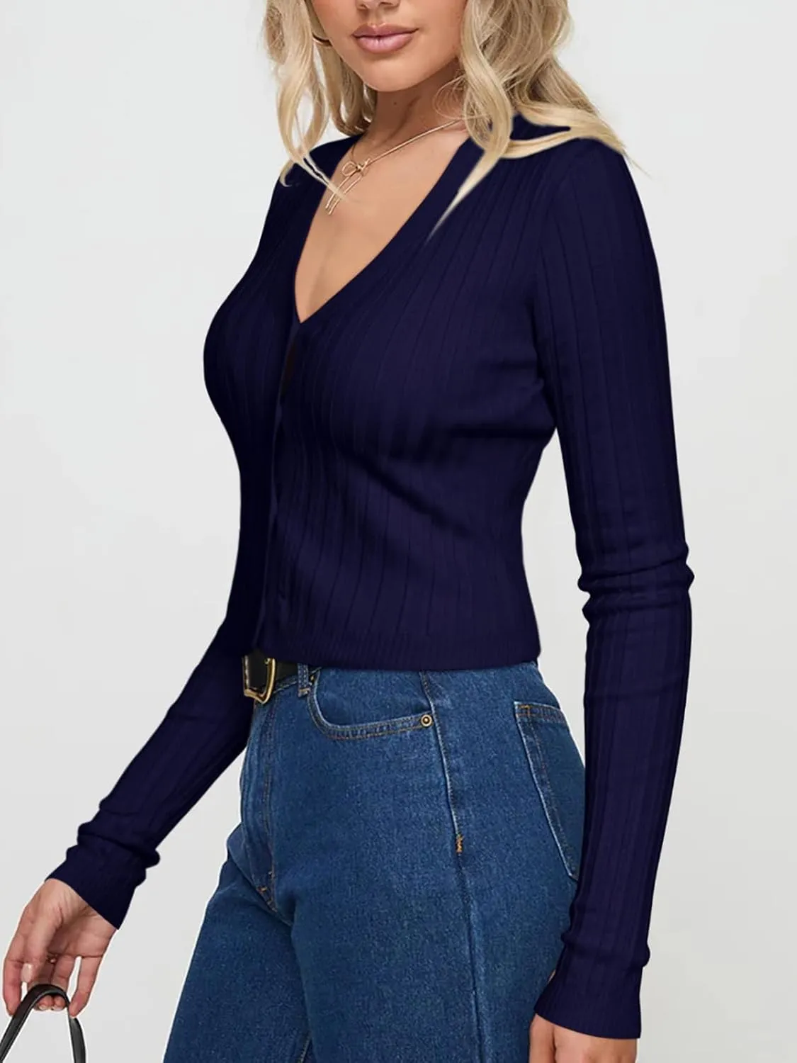 REORIA Women's Trendy V Neck Open Front Lightweight Button Down Knit Cardigan Long Sleeve Cropped Sweaters Fall Outfits