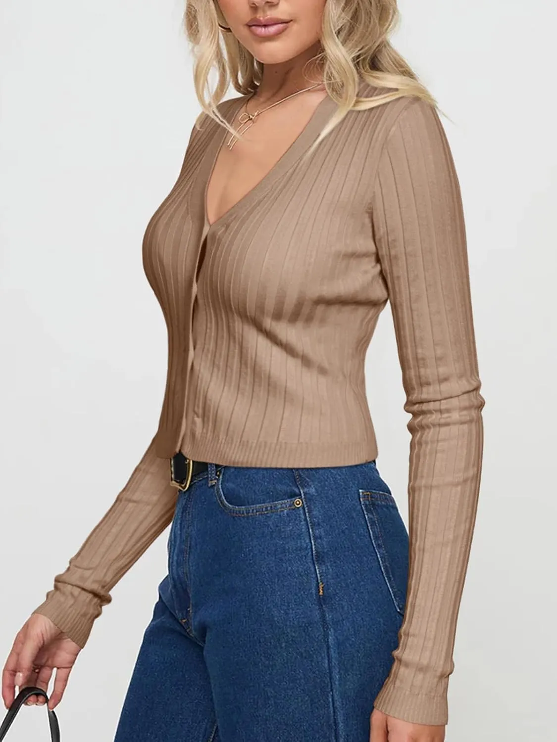 REORIA Women's Trendy V Neck Open Front Lightweight Button Down Knit Cardigan Long Sleeve Cropped Sweaters Fall Outfits
