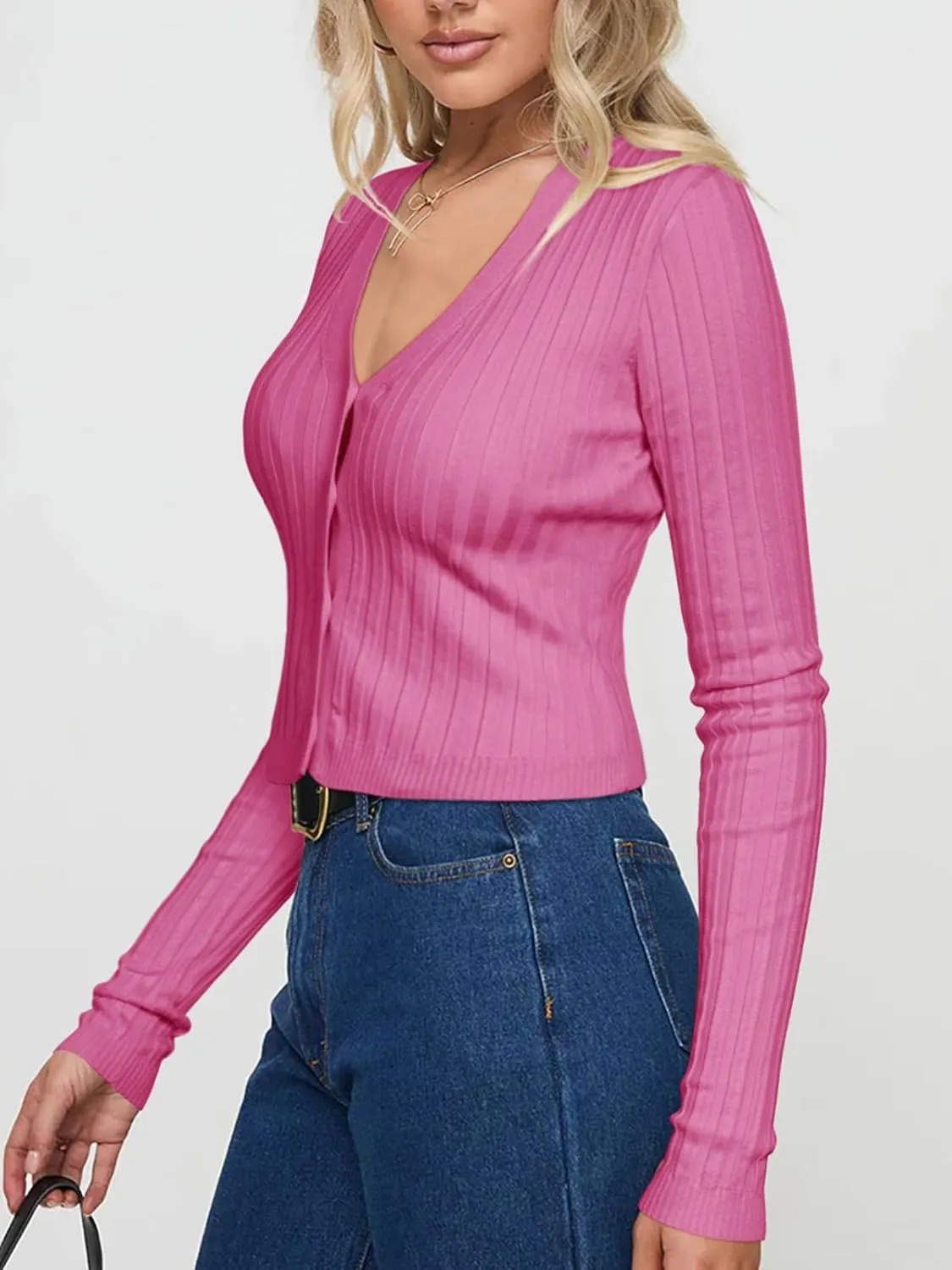 REORIA Women's Trendy V Neck Open Front Lightweight Button Down Knit Cardigan Long Sleeve Cropped Sweaters Fall Outfits