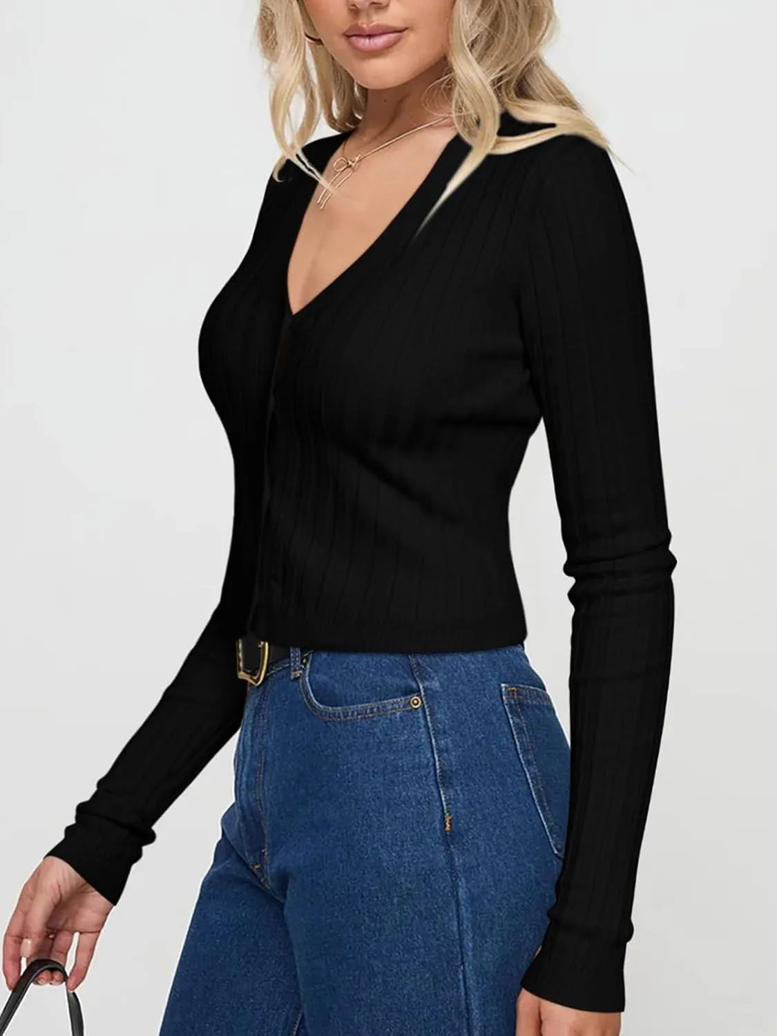 REORIA Women's Trendy V Neck Open Front Lightweight Button Down Knit Cardigan Long Sleeve Cropped Sweaters Fall Outfits