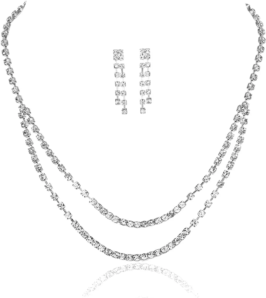 Rhinestone Wedding Jewelry Set Silver Bridal Wedding Set Crystal Necklace Jewelry Set for Women