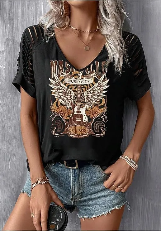 Rock Band T-Shirt for Women V-Neck Country Music Short Sleeved Shirt Retro Nashville Guitar Graphic Hollowed Tee Tops
