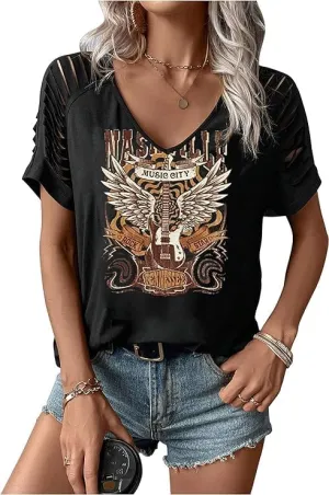 Rock Band T-Shirt for Women V-Neck Country Music Short Sleeved Shirt Retro Nashville Guitar Graphic Hollowed Tee Tops