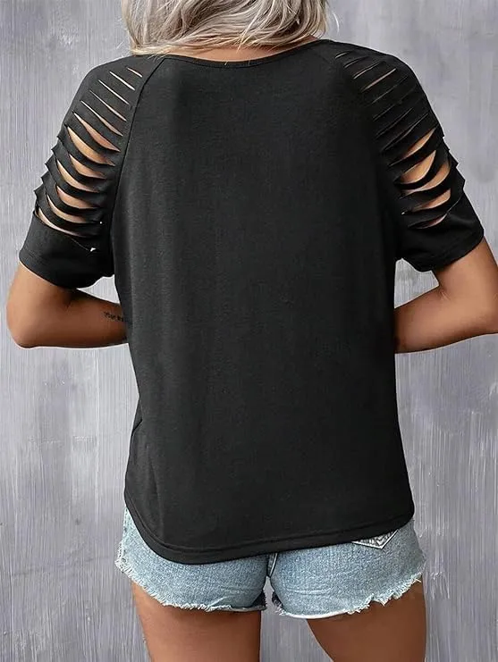 Rock Band T-Shirt for Women V-Neck Country Music Short Sleeved Shirt Retro Nashville Guitar Graphic Hollowed Tee Tops