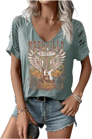 Rock Band T-Shirt for Women V-Neck Country Music Short Sleeved Shirt Retro Nashville Guitar Graphic Hollowed Tee Tops
