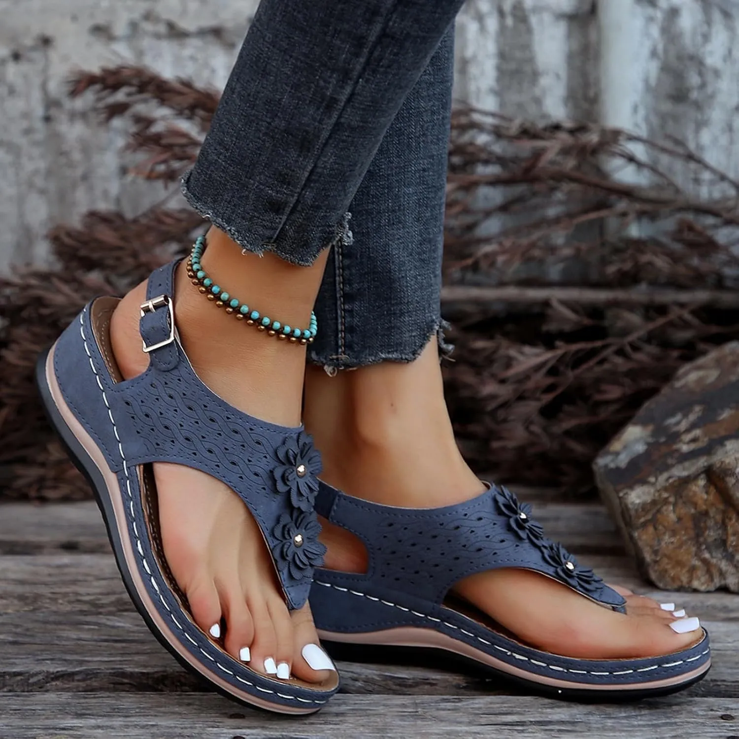 Sandals For Women Comfort Walking Width Casual Summer Slide Shoes Beach Flat Slip On Sandles Womens Orthopedic Shoes