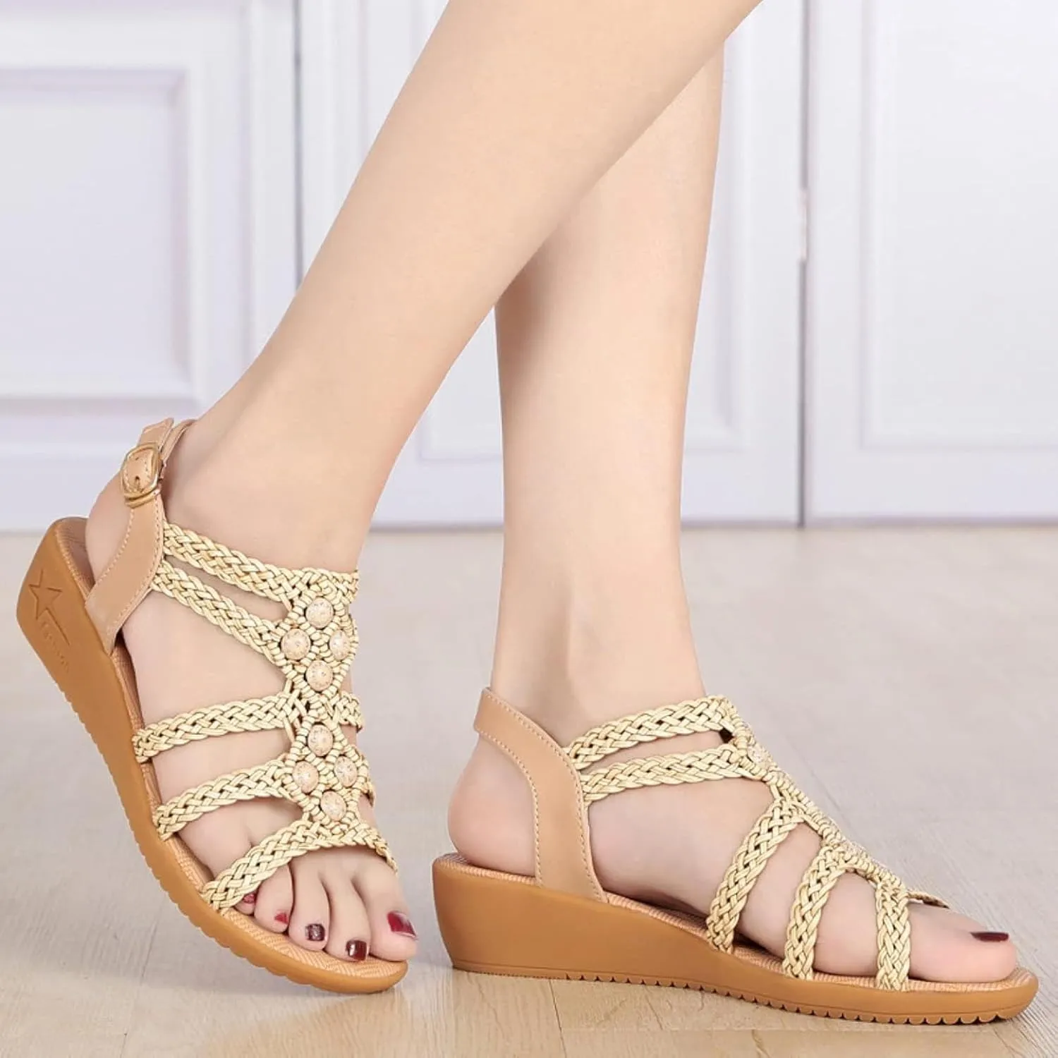 Sandals Women's Dress Summer Open Toe Woven Strap Sandals Wedge Ankle Orthopedic Sandals