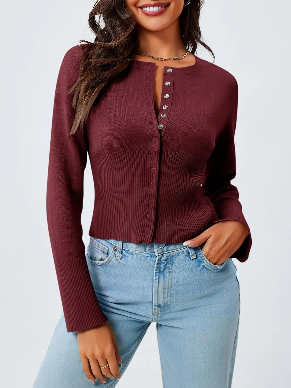 Saodimallsu Womens Cropped Sweaters Button Down Long Sleeve V Neck Ribbed Knit Slim Fit Pullover Crop Tops