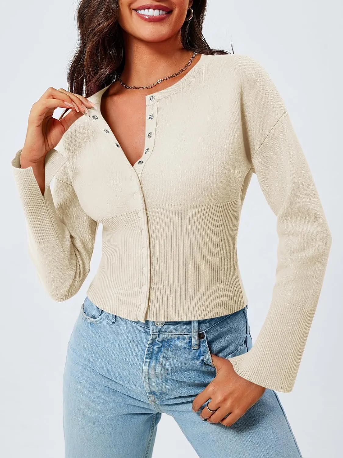 Saodimallsu Womens Cropped Sweaters Button Down Long Sleeve V Neck Ribbed Knit Slim Fit Pullover Crop Tops