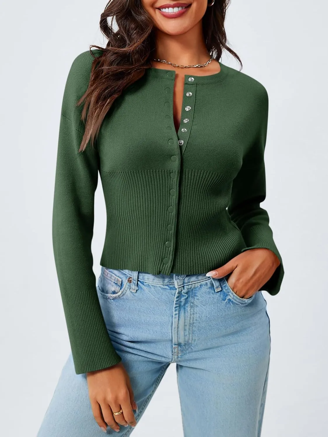 Saodimallsu Womens Cropped Sweaters Button Down Long Sleeve V Neck Ribbed Knit Slim Fit Pullover Crop Tops