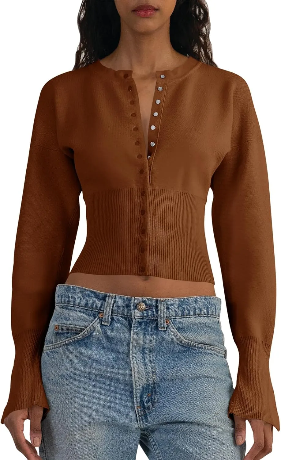 Saodimallsu Womens Cropped Sweaters Button Down Long Sleeve V Neck Ribbed Knit Slim Fit Pullover Crop Tops
