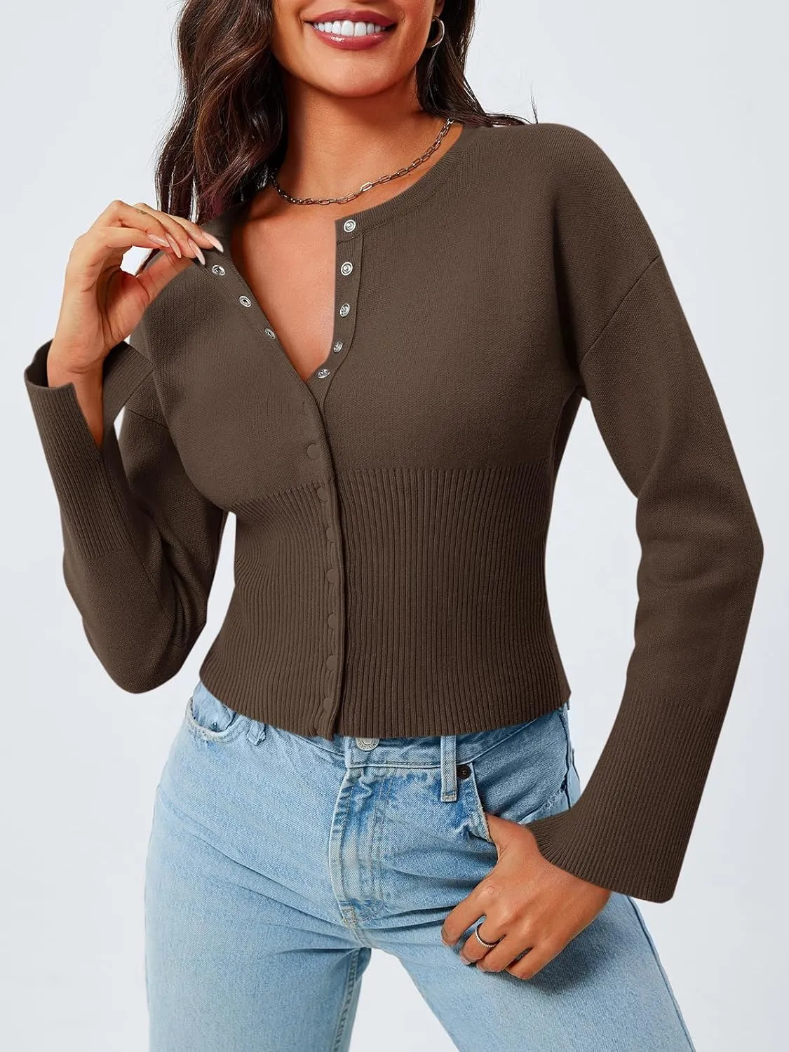 Saodimallsu Womens Cropped Sweaters Button Down Long Sleeve V Neck Ribbed Knit Slim Fit Pullover Crop Tops