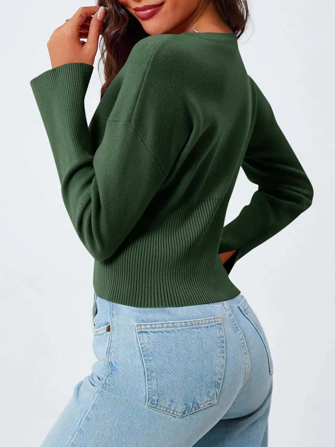 Saodimallsu Womens Cropped Sweaters Button Down Long Sleeve V Neck Ribbed Knit Slim Fit Pullover Crop Tops