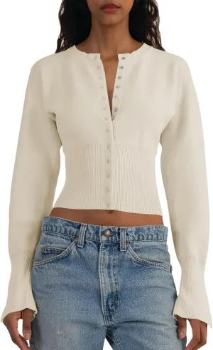 Saodimallsu Womens Cropped Sweaters Button Down Long Sleeve V Neck Ribbed Knit Slim Fit Pullover Crop Tops