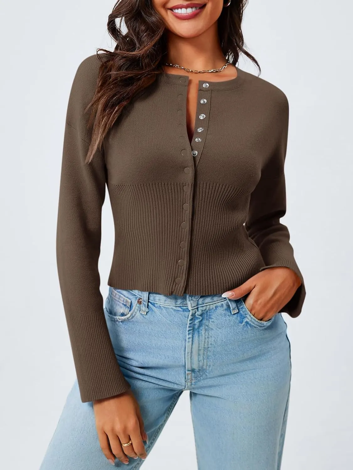 Saodimallsu Womens Cropped Sweaters Button Down Long Sleeve V Neck Ribbed Knit Slim Fit Pullover Crop Tops