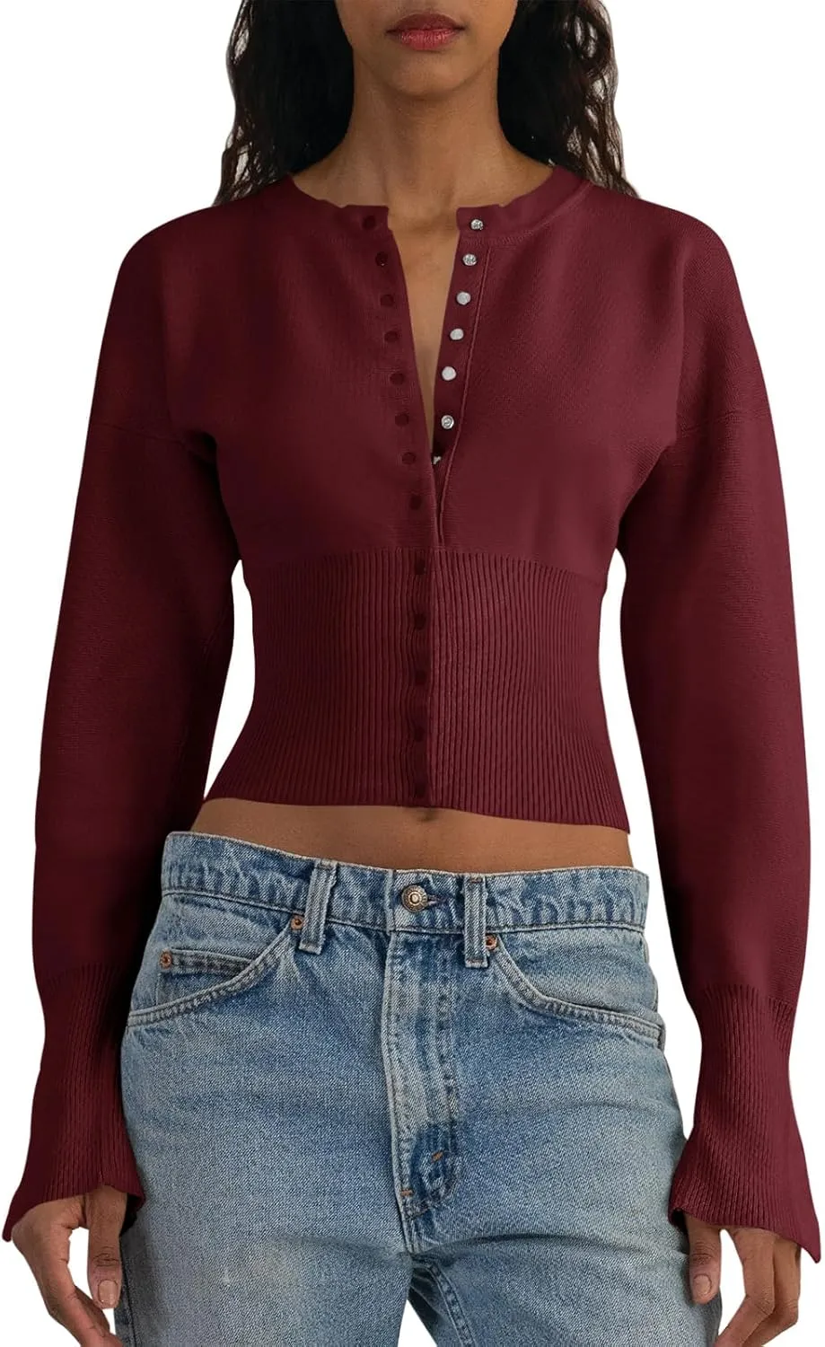Saodimallsu Womens Cropped Sweaters Button Down Long Sleeve V Neck Ribbed Knit Slim Fit Pullover Crop Tops