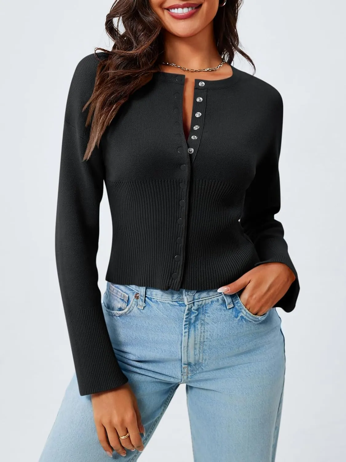 Saodimallsu Womens Cropped Sweaters Button Down Long Sleeve V Neck Ribbed Knit Slim Fit Pullover Crop Tops