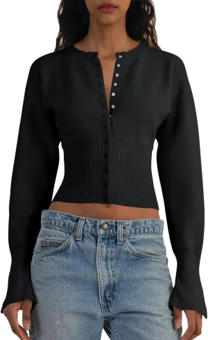 Saodimallsu Womens Cropped Sweaters Button Down Long Sleeve V Neck Ribbed Knit Slim Fit Pullover Crop Tops