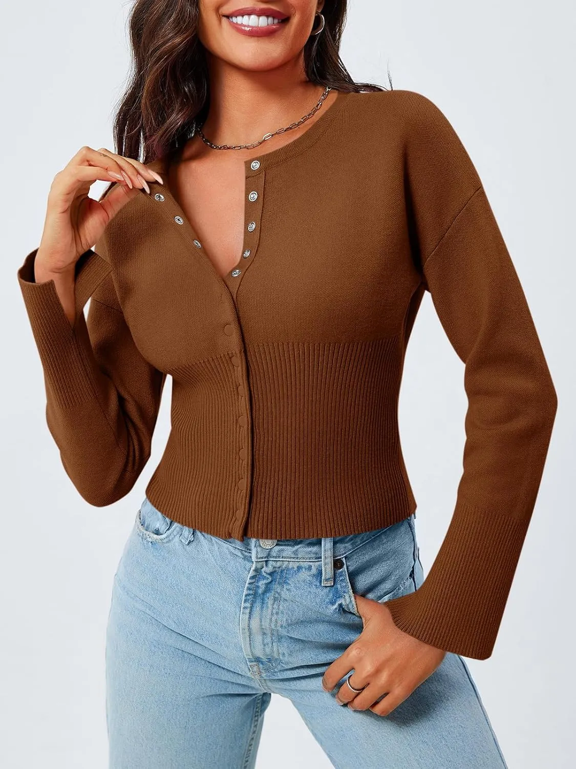 Saodimallsu Womens Cropped Sweaters Button Down Long Sleeve V Neck Ribbed Knit Slim Fit Pullover Crop Tops