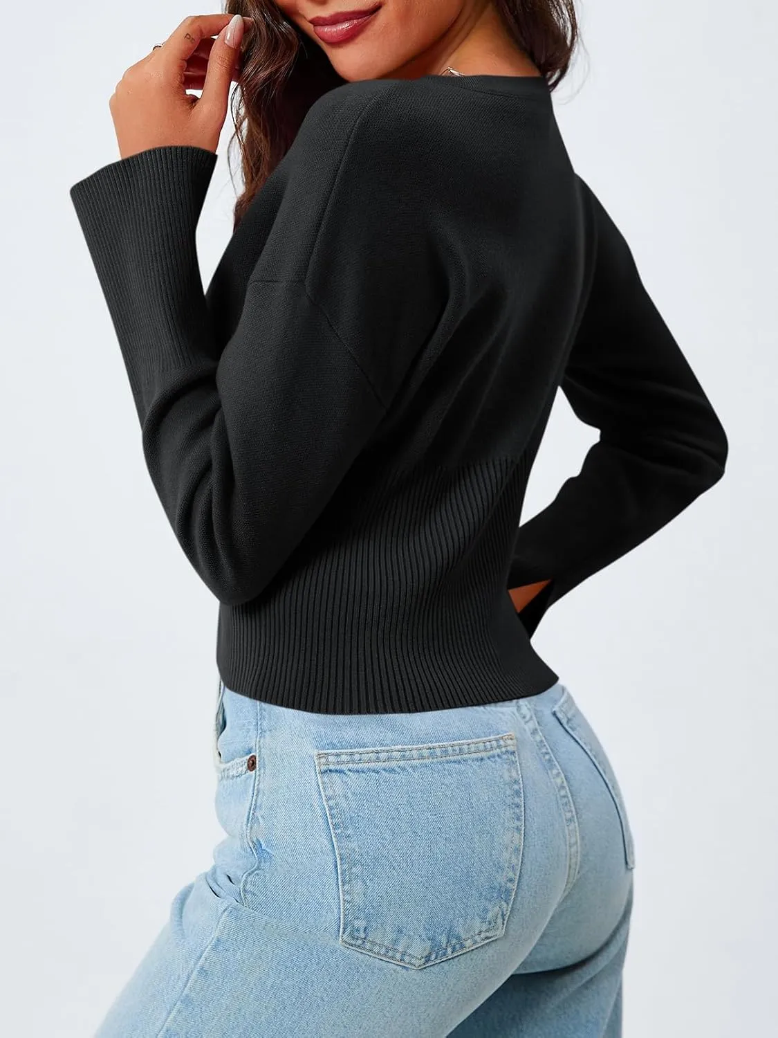 Saodimallsu Womens Cropped Sweaters Button Down Long Sleeve V Neck Ribbed Knit Slim Fit Pullover Crop Tops