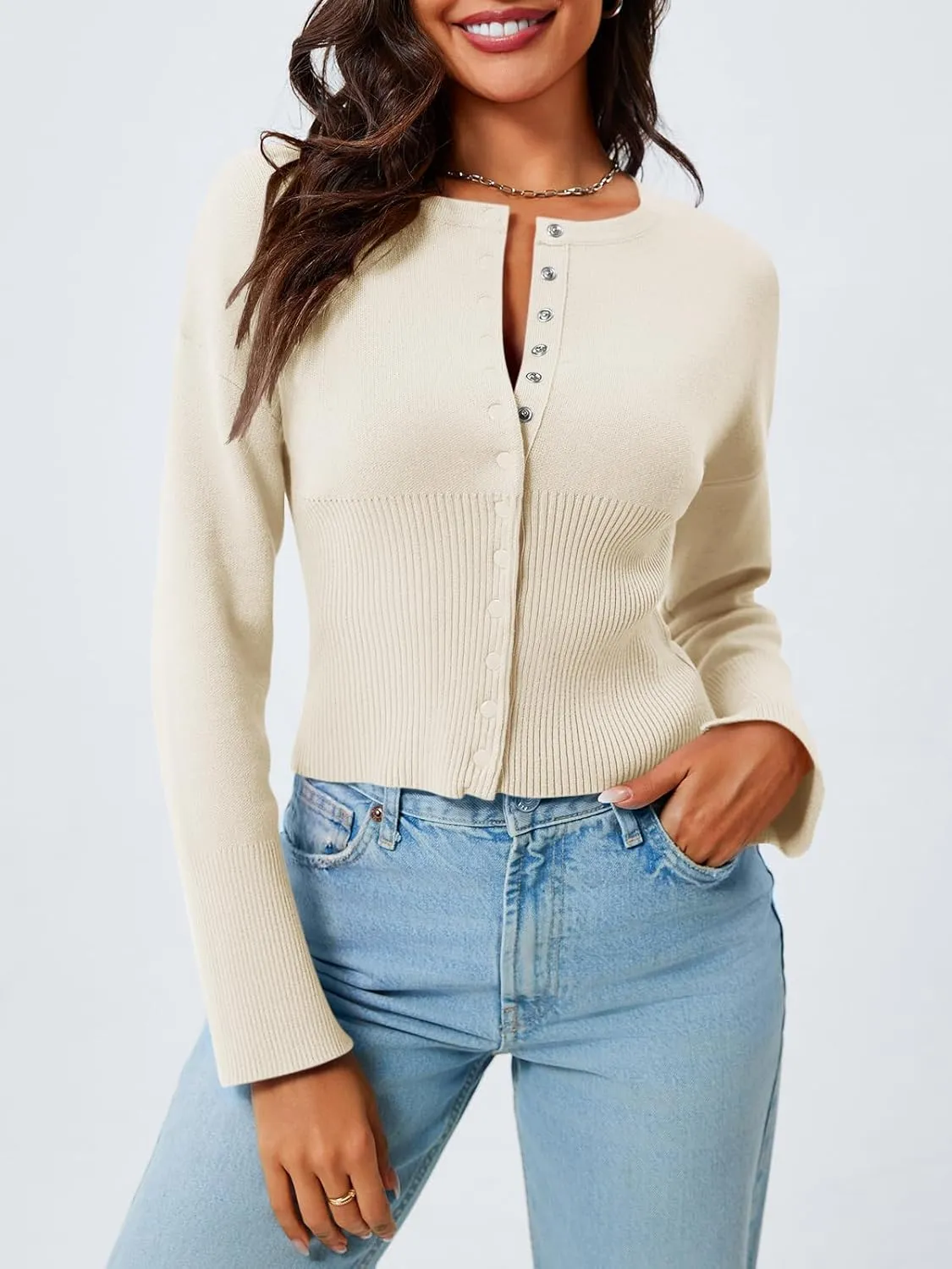 Saodimallsu Womens Cropped Sweaters Button Down Long Sleeve V Neck Ribbed Knit Slim Fit Pullover Crop Tops