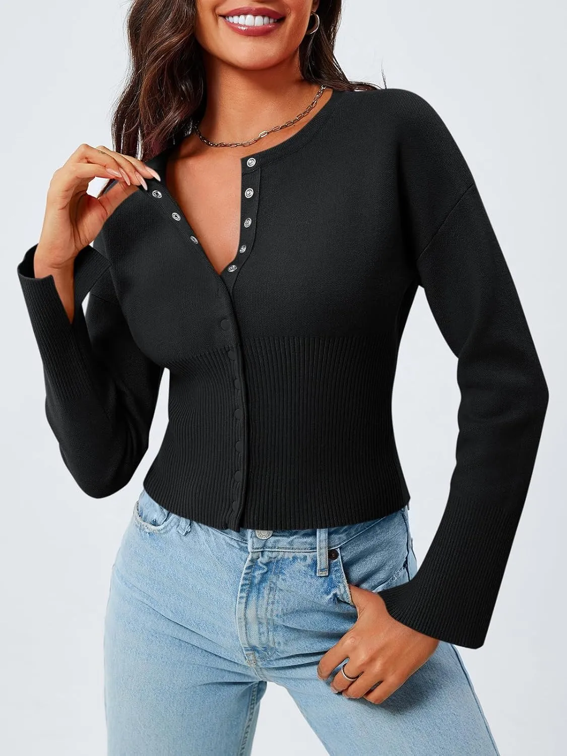 Saodimallsu Womens Cropped Sweaters Button Down Long Sleeve V Neck Ribbed Knit Slim Fit Pullover Crop Tops