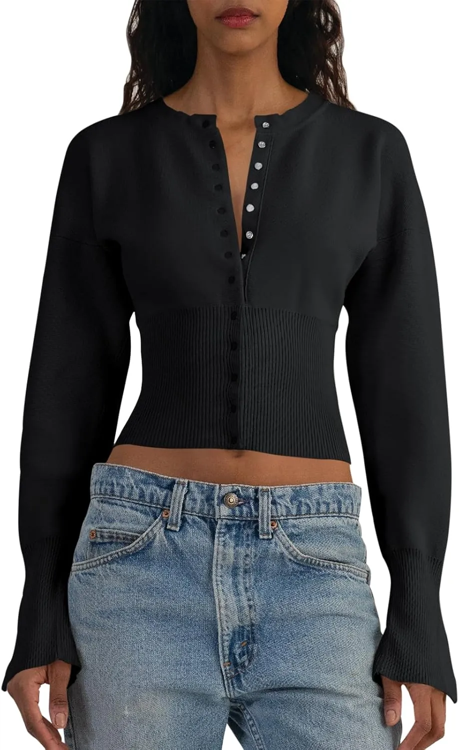 Saodimallsu Womens Cropped Sweaters Button Down Long Sleeve V Neck Ribbed Knit Slim Fit Pullover Crop Tops
