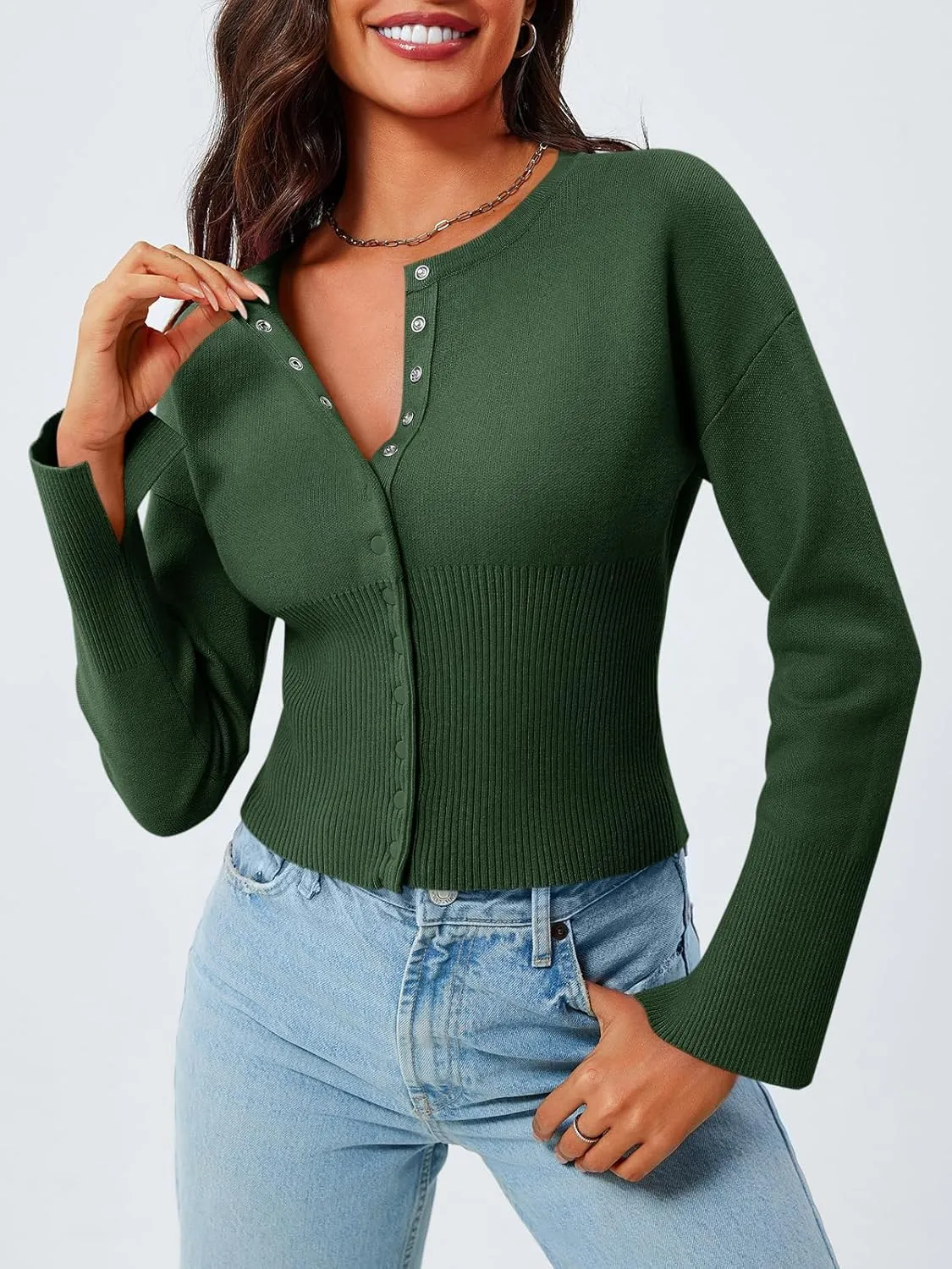 Saodimallsu Womens Cropped Sweaters Button Down Long Sleeve V Neck Ribbed Knit Slim Fit Pullover Crop Tops
