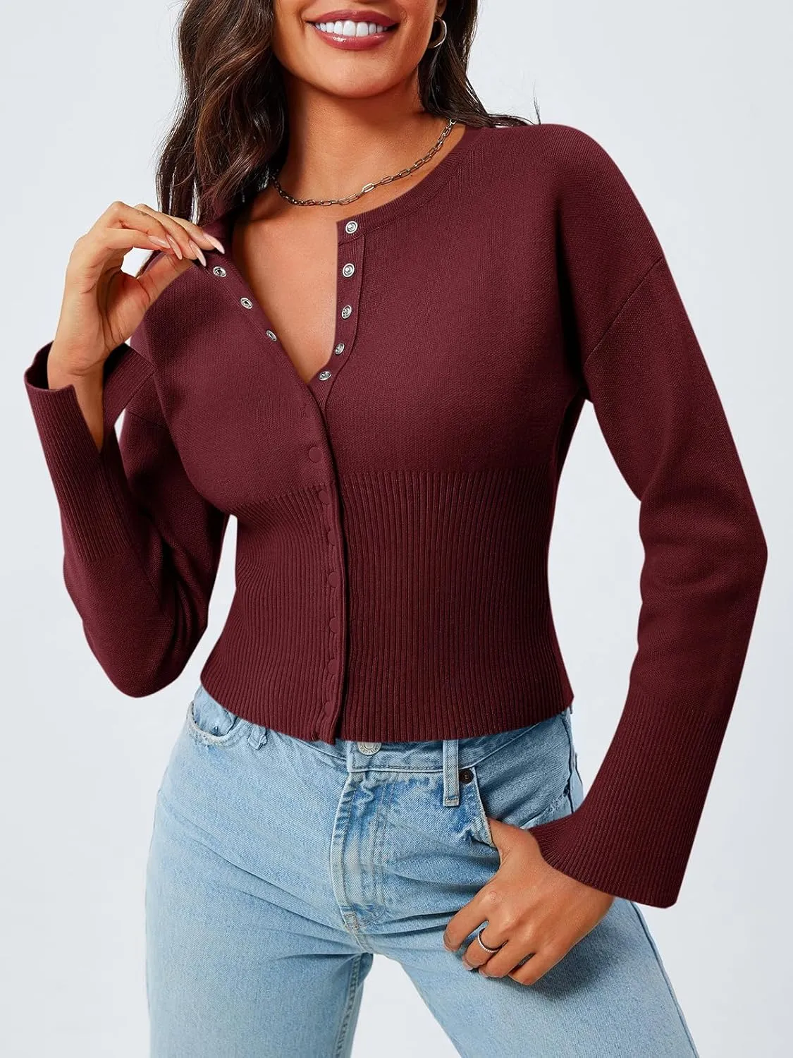 Saodimallsu Womens Cropped Sweaters Button Down Long Sleeve V Neck Ribbed Knit Slim Fit Pullover Crop Tops
