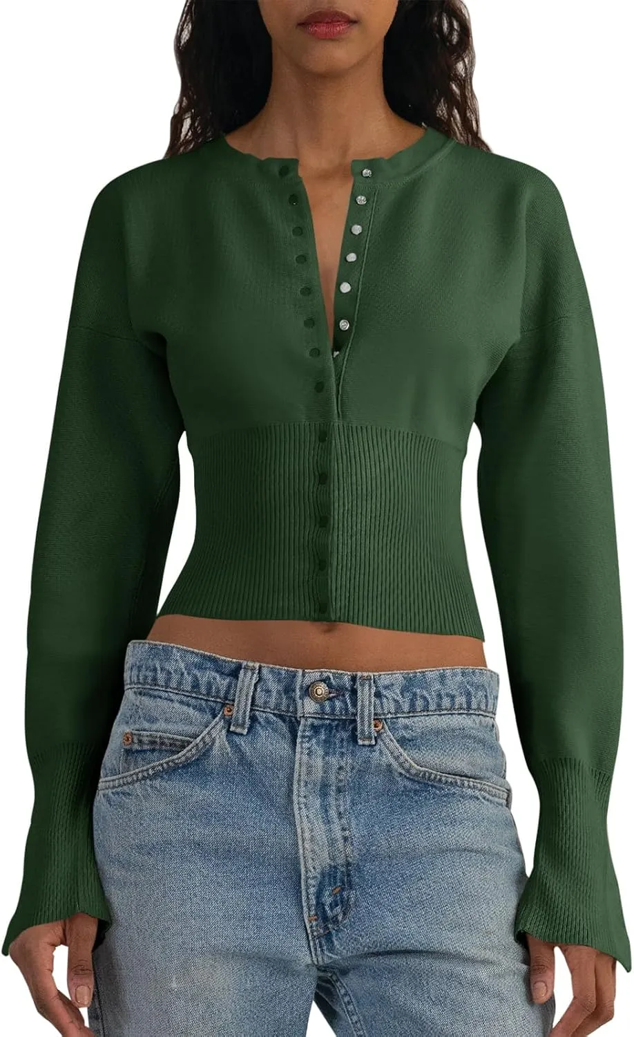 Saodimallsu Womens Cropped Sweaters Button Down Long Sleeve V Neck Ribbed Knit Slim Fit Pullover Crop Tops