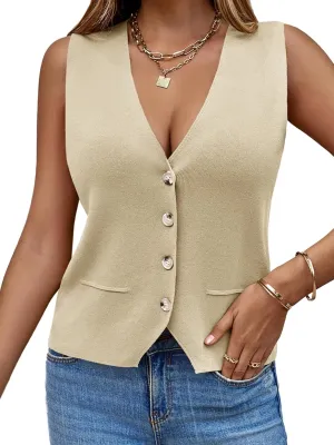 Saodimallsu Womens Sleeveless Sweater Vest Knit V Neck Button Fashion Casual Loose Spring Summer Waistcoat Cardigan