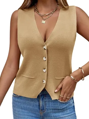 Saodimallsu Womens Sleeveless Sweater Vest Knit V Neck Button Fashion Casual Loose Spring Summer Waistcoat Cardigan
