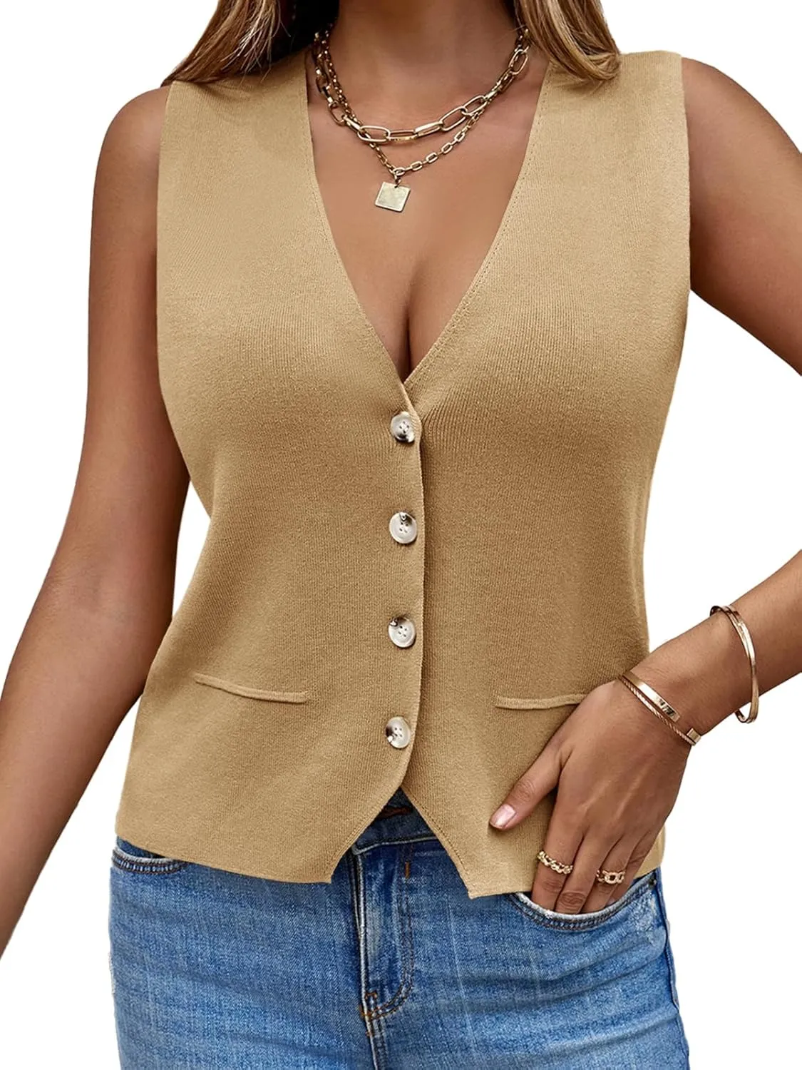 Saodimallsu Womens Sleeveless Sweater Vest Knit V Neck Button Fashion Casual Loose Spring Summer Waistcoat Cardigan