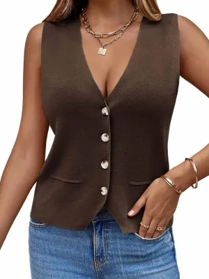 Saodimallsu Womens Sleeveless Sweater Vest Knit V Neck Button Fashion Casual Loose Spring Summer Waistcoat Cardigan