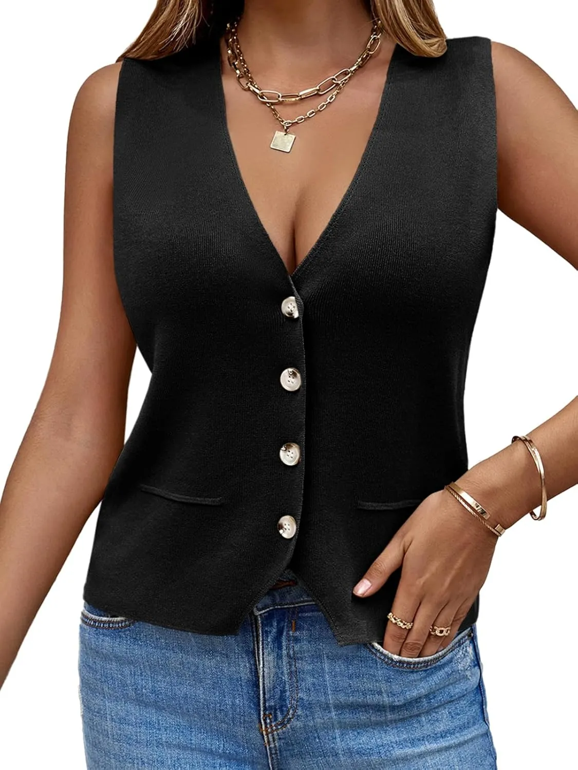 Saodimallsu Womens Sleeveless Sweater Vest Knit V Neck Button Fashion Casual Loose Spring Summer Waistcoat Cardigan