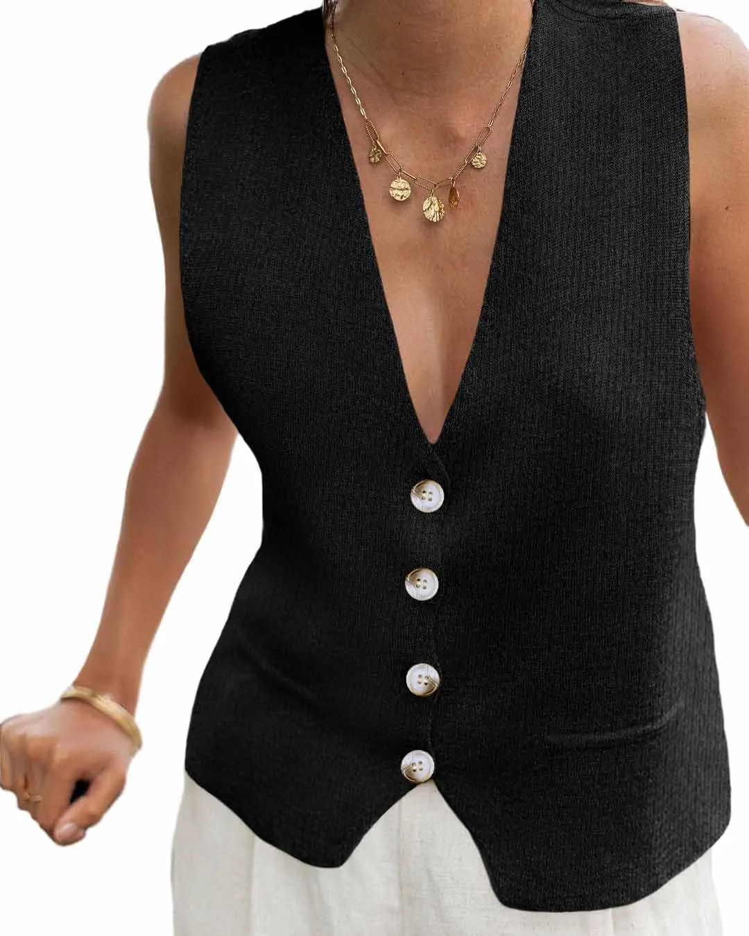 Saodimallsu Womens Sleeveless Sweater Vest Knit V Neck Button Fashion Casual Loose Spring Summer Waistcoat Cardigan