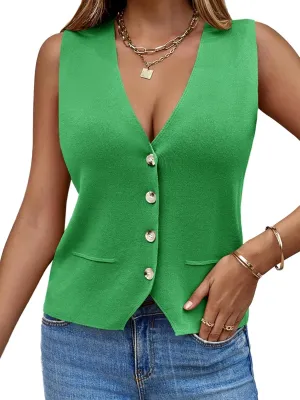 Saodimallsu Womens Sleeveless Sweater Vest Knit V Neck Button Fashion Casual Loose Spring Summer Waistcoat Cardigan