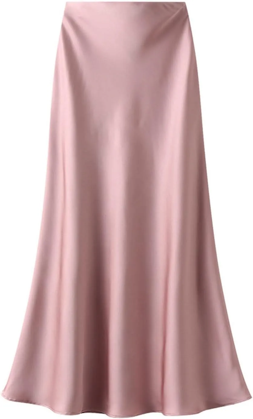 Satin Midi Skirts for Women High Waisted Elegant Dress Casual Spring Skirt Elastic Waist and Flowy A-Line Silhouette