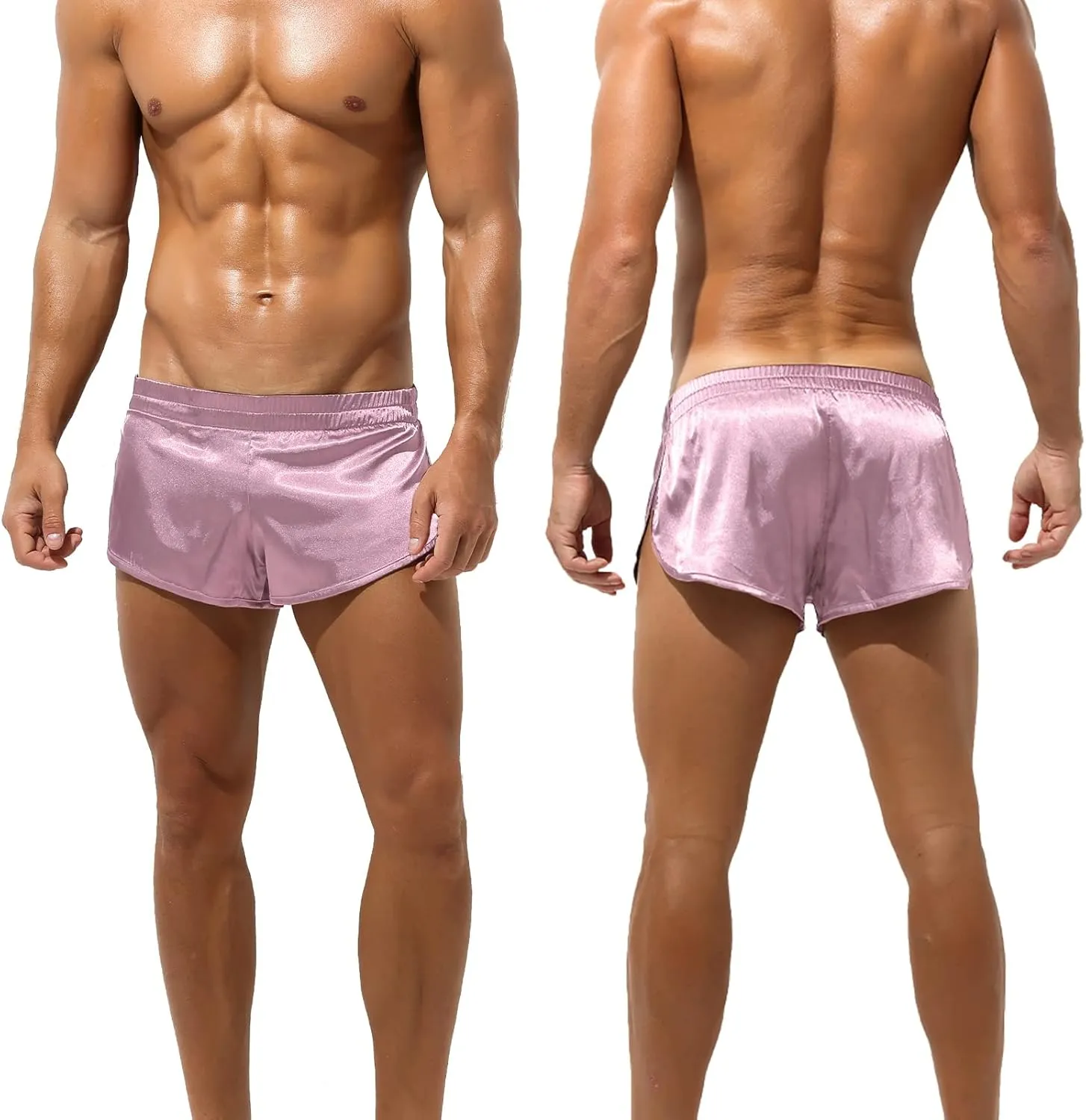 SEAUR Men's Satin Shorts Split Side Short Shorts Jockstrap Boxers Silky Pajama Bottom Shorts Loose Sleep Shorts Sleepwear